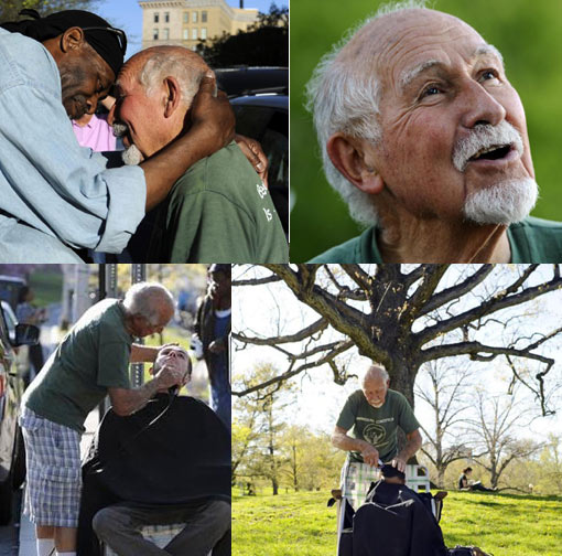 for more than 20 years, Anthony Cymerys, 82, known as Joe the Barber, cut hair alfresco in Hartford for the fee of a hug